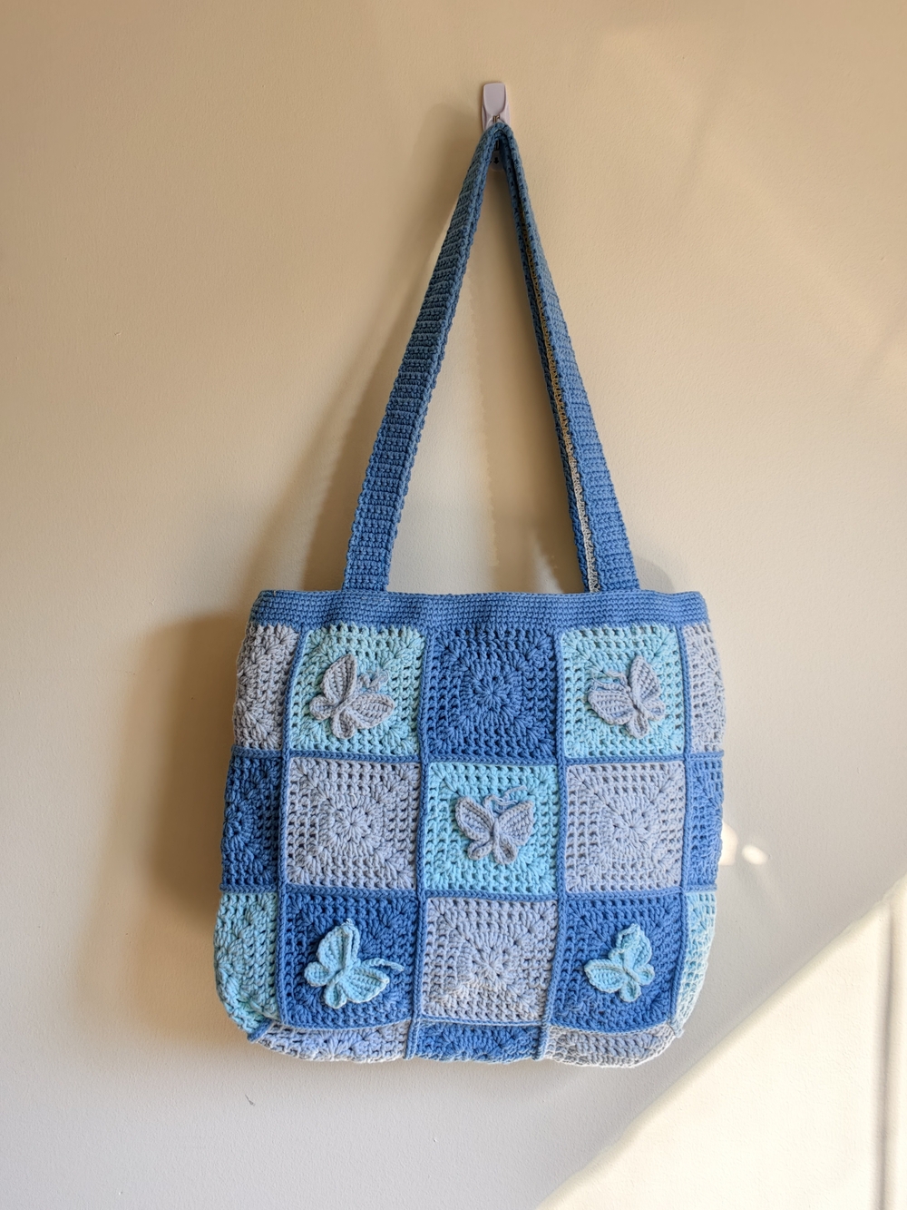 Handmade Blue Crochet Butterfly Tote Bag